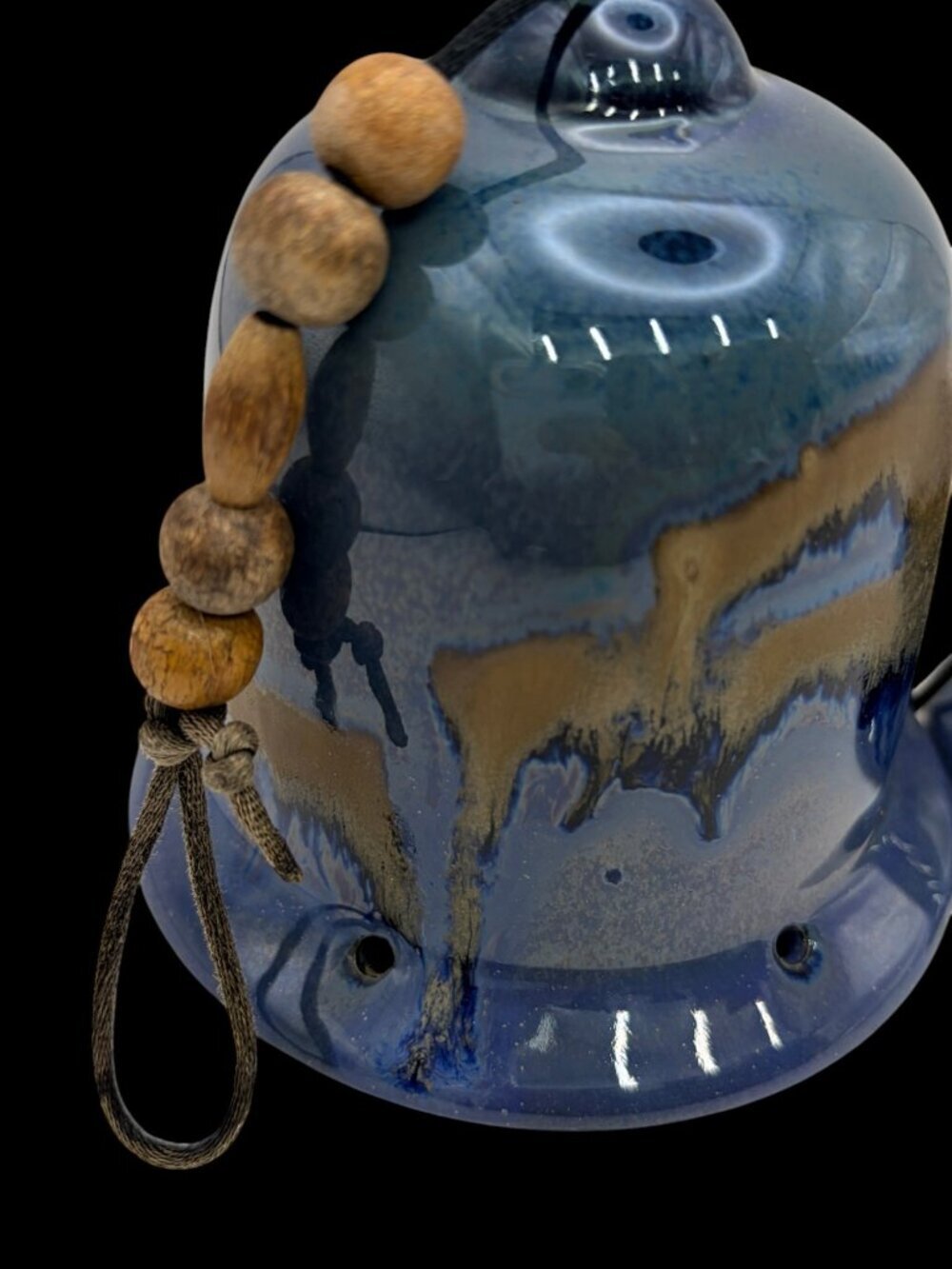 Handmade Raku Pottery Wind Chime | Blue & Brown Glazed Ceramic Bells - Picture 3 of 10